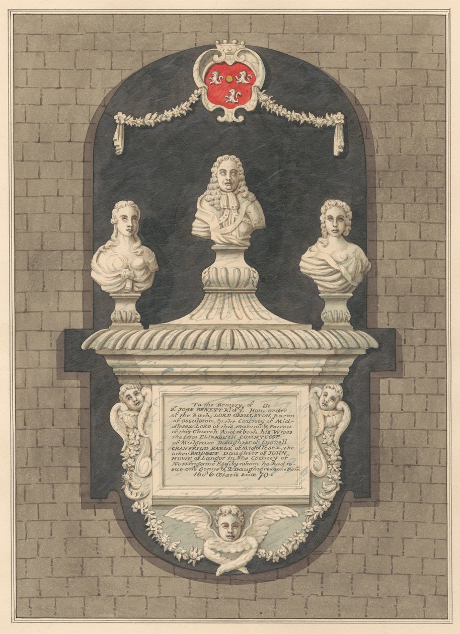 Memoriale a Sir John Benett e le sue mogli Elizabeth e Bridget dalla Chiesa di Harlington da Daniel Lysons