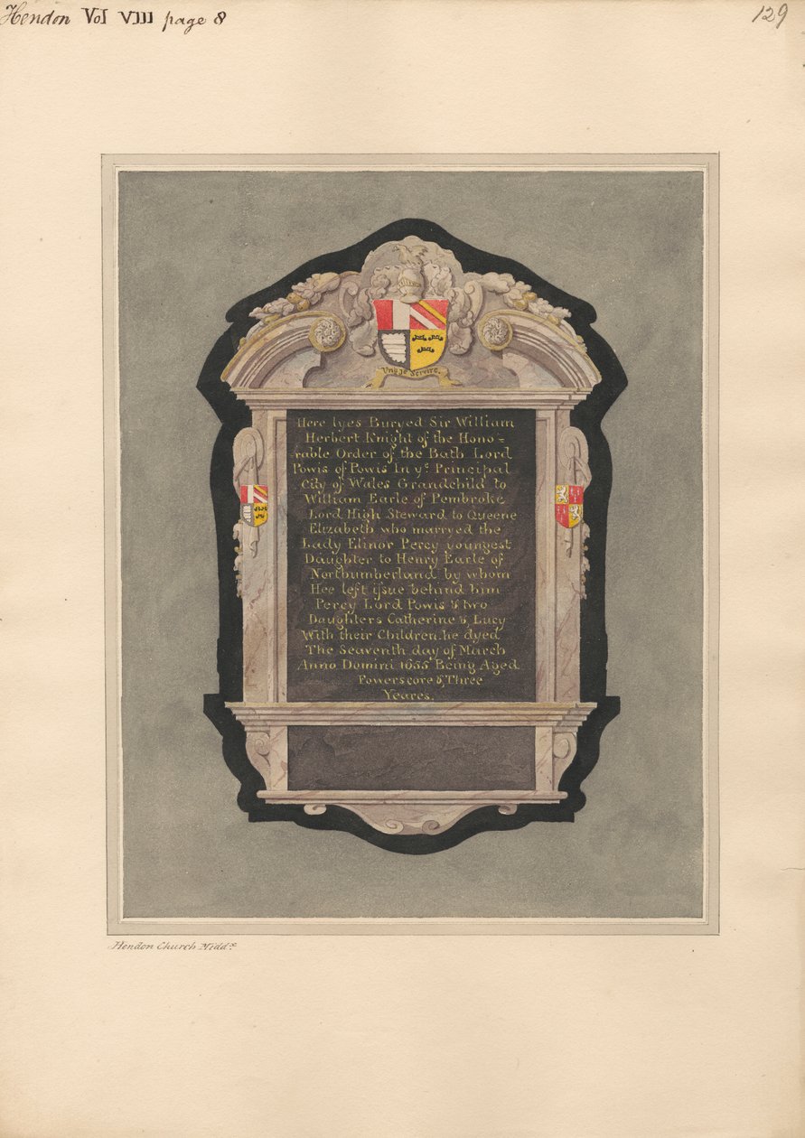 Memoriale a Sir William Herbert dalla Chiesa di Hendon da Daniel Lysons