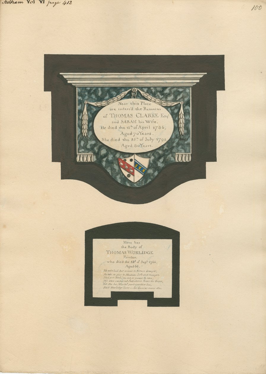 Memoriale a Thomas Clarke e alla moglie Sarah e Thomas Worlidge dalla Chiesa di Fulham da Daniel Lysons