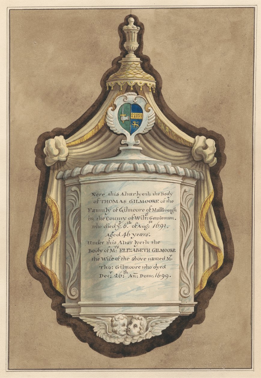 Memoriale a Thomas Gilmoore e Mrs. Elizabeth Gilmoore dalla Chiesa di Twickenham da Daniel Lysons