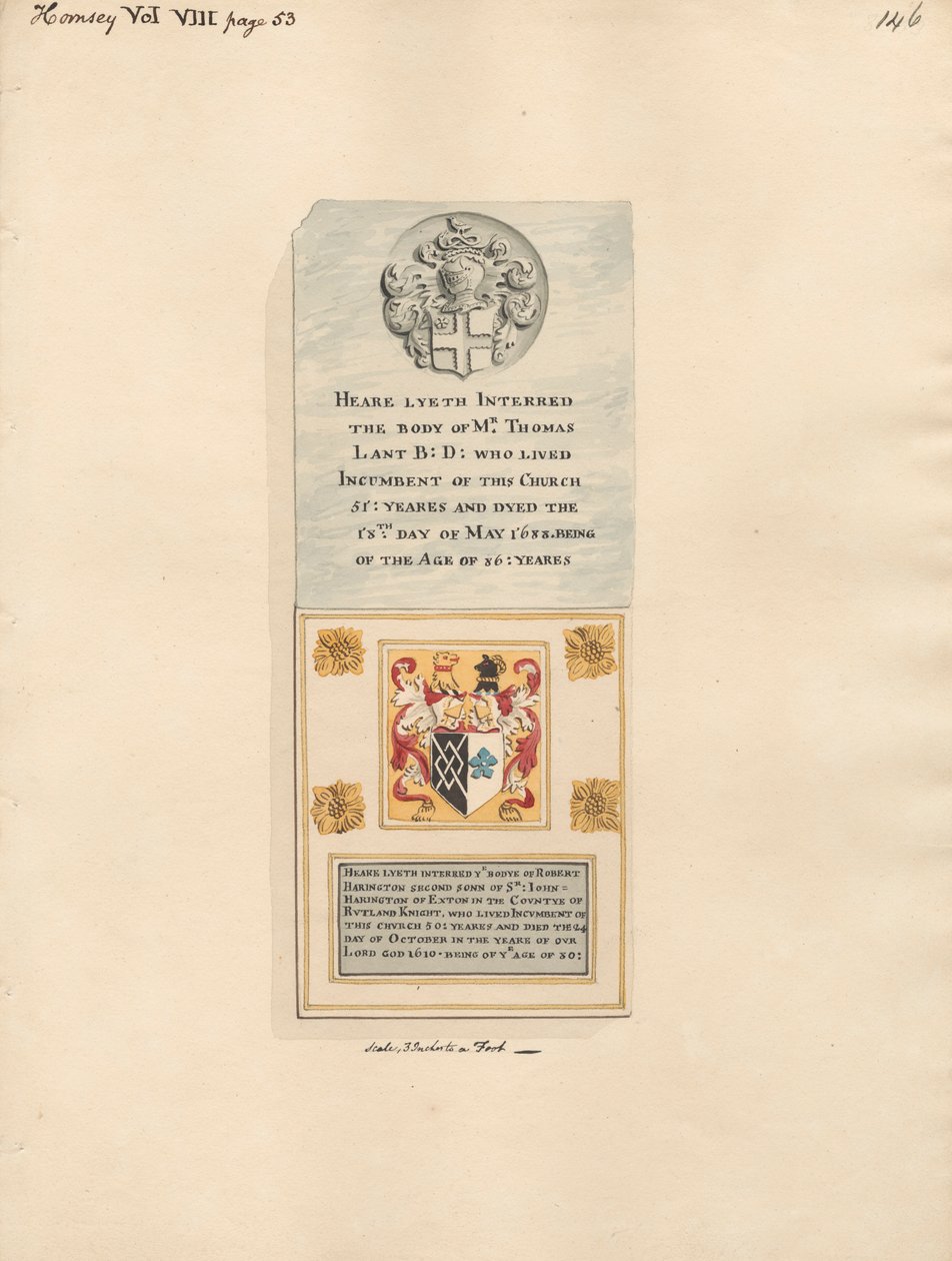Memoriale a Thomas Lant e Robert Harington dalla Chiesa di Hornsey da Daniel Lysons