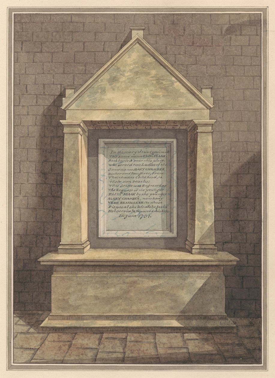 Memoriale a due cugine entrambe chiamate Elizabeth Isaak dalla Chiesa di Hanworth da Daniel Lysons