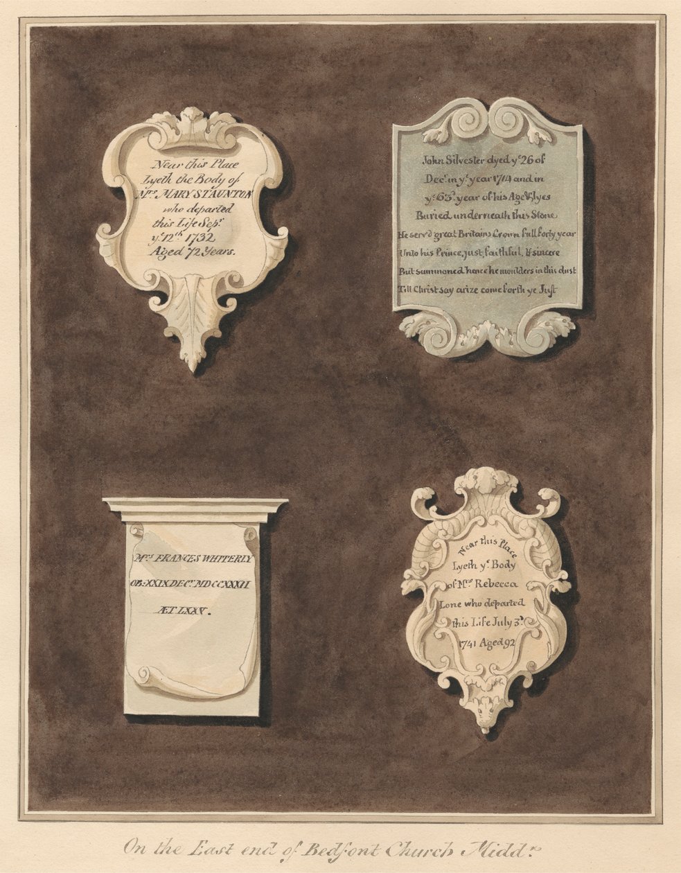 Memoriali a Mrs. Mary Staunton, John Silvester, Mrs. Frances Whiterly e Mrs. Rebecca Lone dalla Chiesa di Bedfont da Daniel Lysons
