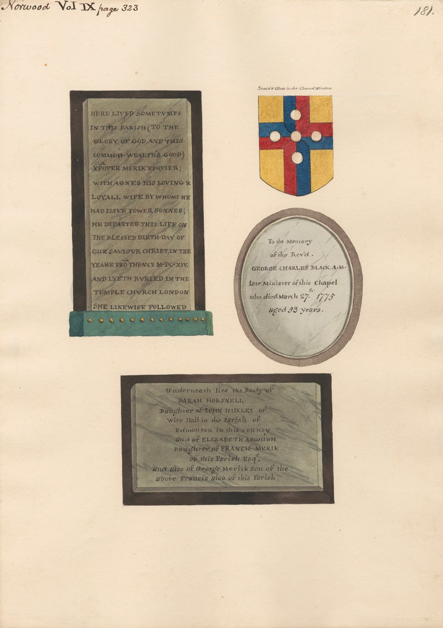 Memoriali a Xpofer e Agnes Merick, George Charles Black, e Sarah Horsnell, Elizabeth Ascough, e George Merick da Daniel Lysons