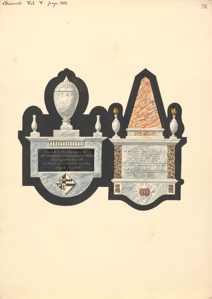 Monumenti a Mrs. Rebecca Cassamajor e Thoma Spateman, chiesa di Chiswick da Daniel Lysons