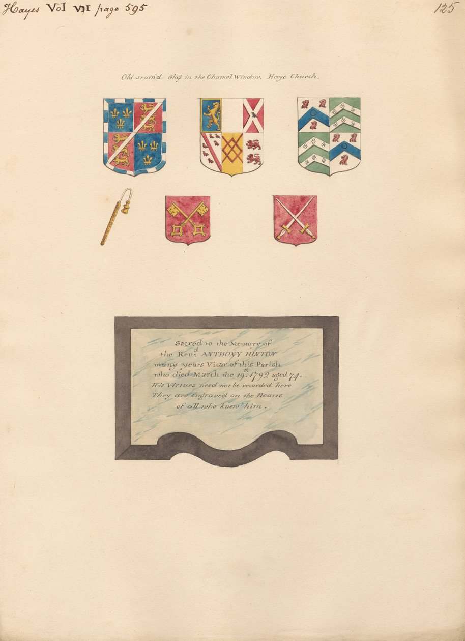 Vetrata antica nella finestra del canale e memoriale per il reverendo Anthony Hilton da Hayes da Daniel Lysons