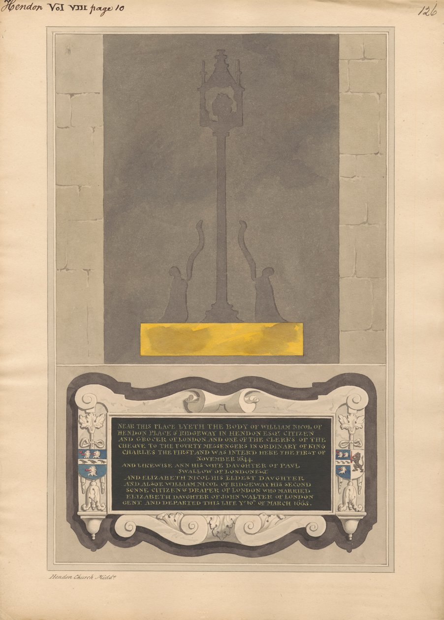 Resti della lastra di ottone e memoriale a William Nicol e Ann sua moglie e Elizabeth sua figlia e William suo figlio della chiesa di Hendon da Daniel Lysons