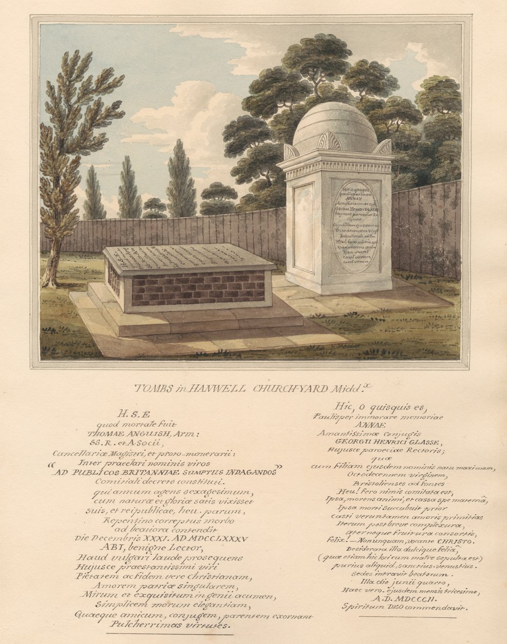 Tombe di Thomas Anguish e Anna Glasse, dal cimitero di Hanwell da Daniel Lysons