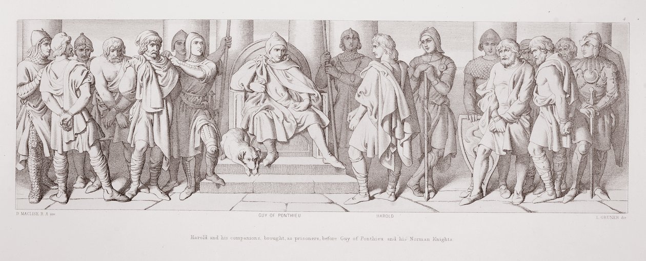 Harold e i suoi compagni portati, come prigionieri, davanti a Guy di Ponthieu e ai suoi cavalieri normanni, da 