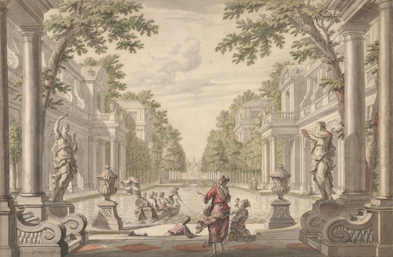 Veduta di un giardino di un palazzo con uno stagno centrale circondato da architettura classica da Daniel Marot