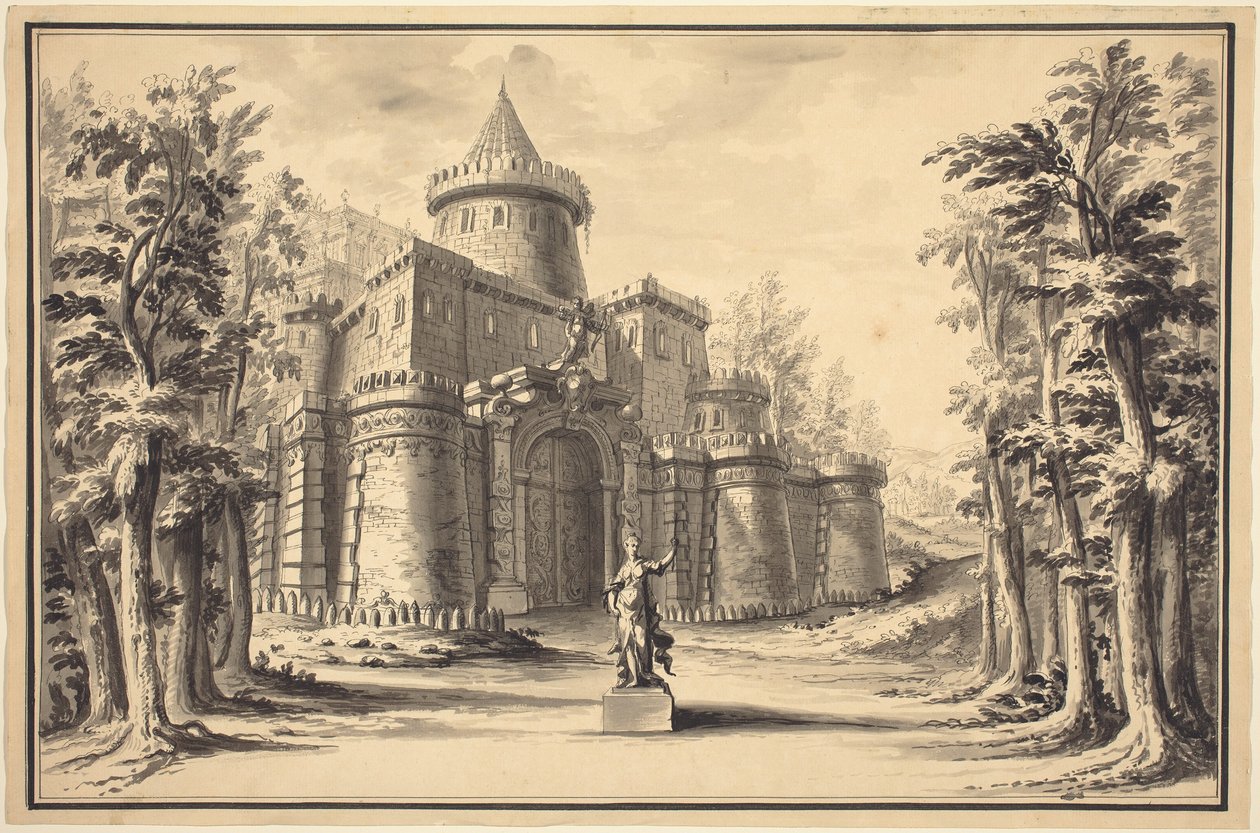 Scenografia con statua e palazzo da Daniel Marot the Younger
