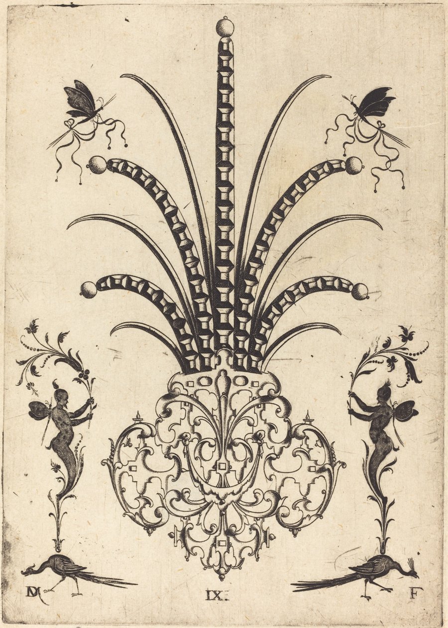 Spilla con pietre da tavolo, farfalle in cima e pavoni e Ermes in basso da Daniel Mignot