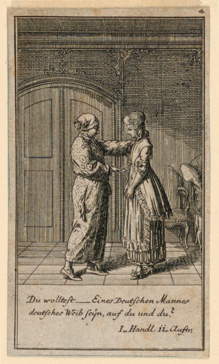 Un padre o tutore che parla a una ragazza, illustrazione della commedia "Nicht mehr als sachs Schuesseln" di Fredrich Wilhelm Grossman in "Königl: Grosbrit [anische] Genealogischer Kalender auf das 1782 Jahr Lauenberg bey J.G. Berenberg" da Daniel Nikolaus Chodowiecki