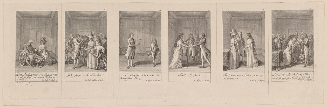 Pagine 1, 12, 3, 10, 5 e 8 di 12 dell’agosto di “Gli indiani in Inghilterra” di Kotzebue da Daniel Nikolaus Chodowiecki
