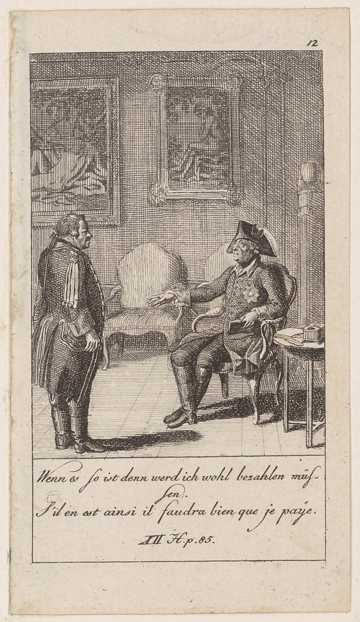Tavola 12 per „Aneddoti e tratti caratteristici di Federico II, re di Prussia“ da Daniel Nikolaus Chodowiecki