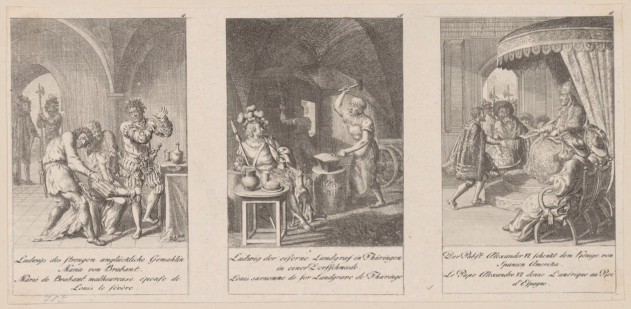Fogli 4-6 della serie «Storia del Medioevo» da Daniel Nikolaus Chodowiecki