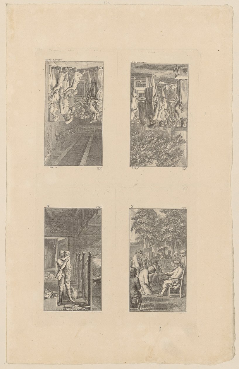 Fogli 9-12 relativi a *Lienhard e Gertrud* di Pestalozzi da Daniel Nikolaus Chodowiecki