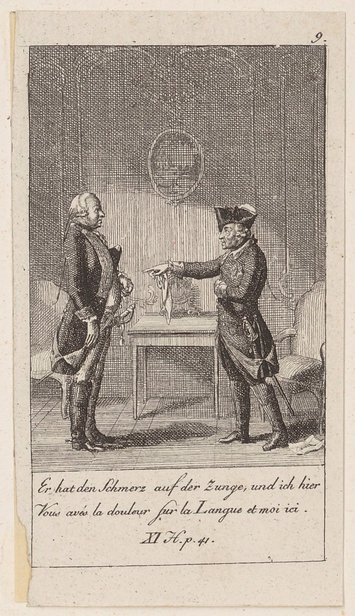 Tavola 9 per „Aneddoti e tratti caratteriali di Federico II, re di Prussia“ da Daniel Nikolaus Chodowiecki