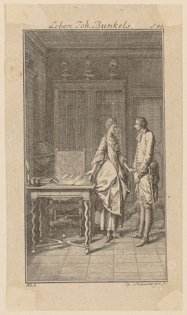 Bunkel nella biblioteca di Miss Henriette Noel, foglio 1 tratto da "Vita, osservazioni e opinioni di Johann Bunkel" da Daniel Nikolaus Chodowiecki