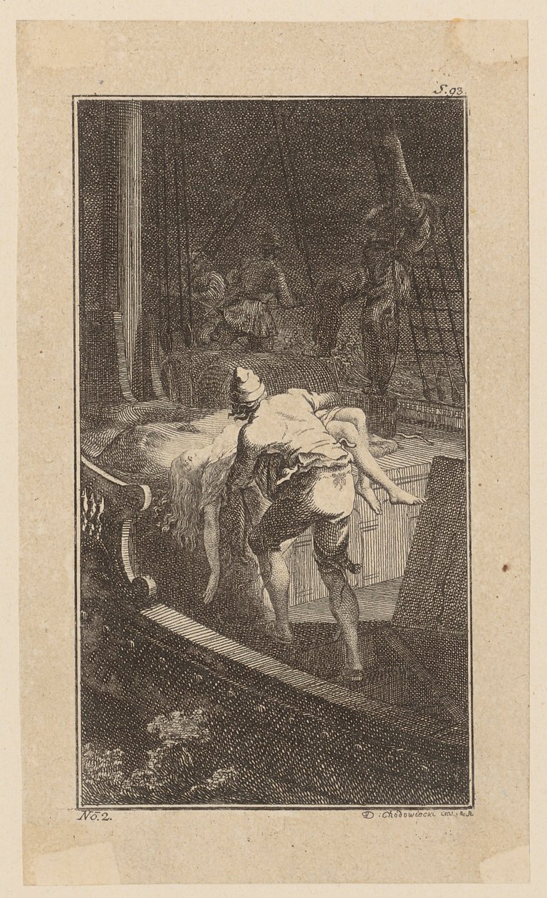 Bunkel porta Miss Melmoth dalla cabina allagata sul ponte, tavola 2 da "Vita, osservazioni e opinioni di Johann Bunkel" da Daniel Nikolaus Chodowiecki