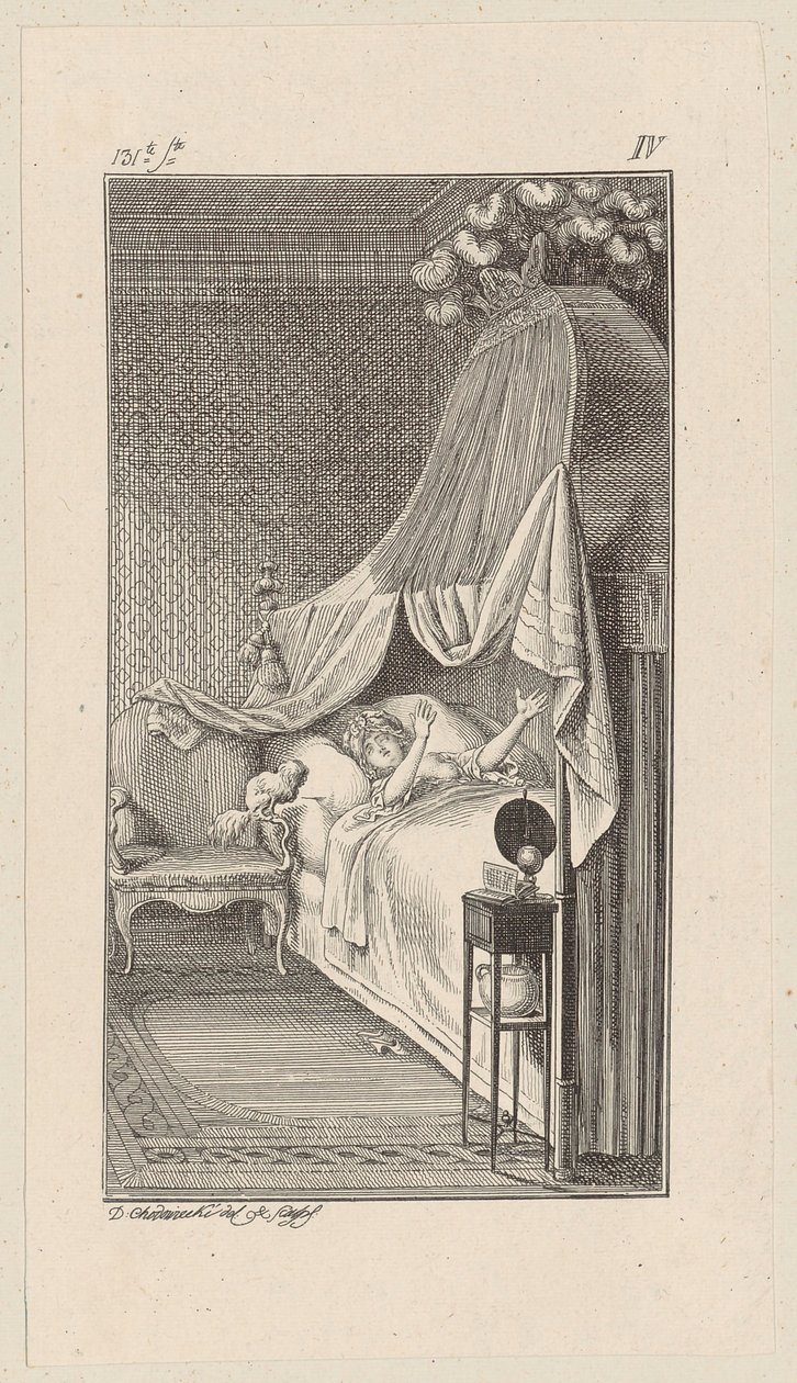 Cesare vuole saltare sul letto della signora Charlotte, che sta sognando da Daniel Nikolaus Chodowiecki
