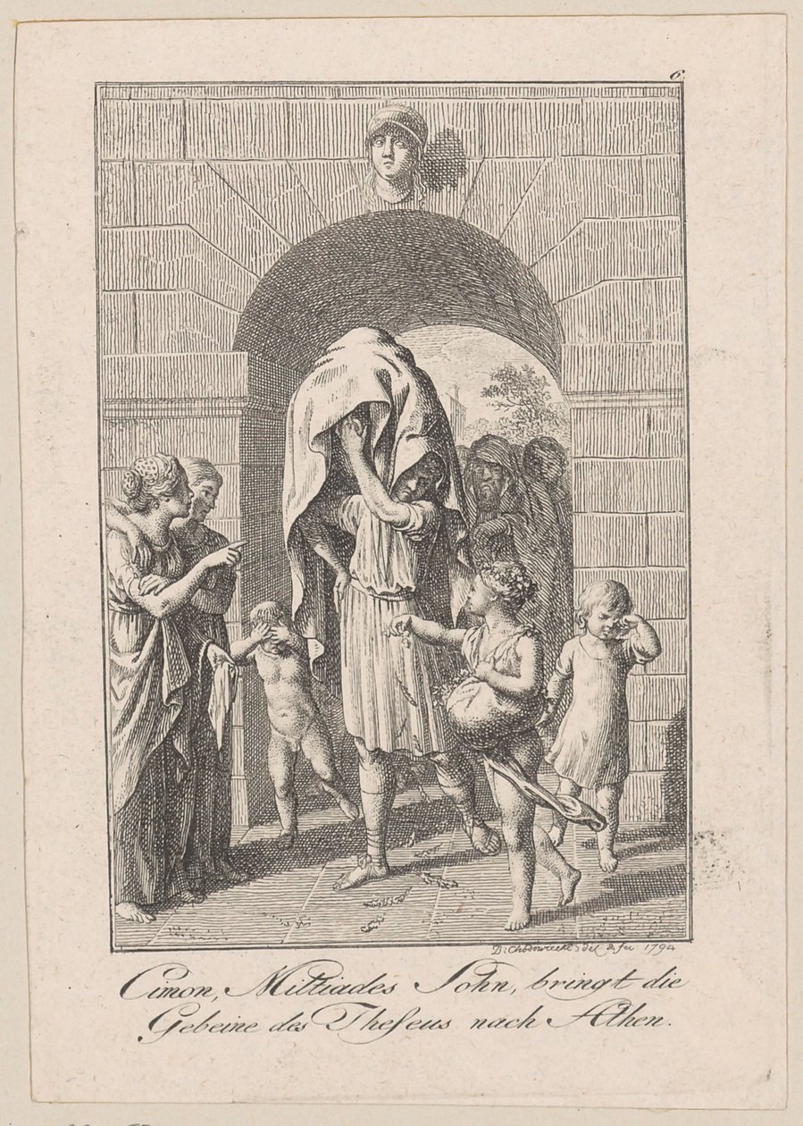 Cimone, figlio di Milziade, porta le spoglie di Teseo ad Atene, tavola 6 per il "Teseo" di Becker da Daniel Nikolaus Chodowiecki