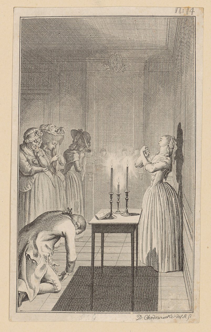 Clarisse minaccia di pugnalarsi con un coltello per proteggersi dal disonore di Lovelace da Daniel Nikolaus Chodowiecki