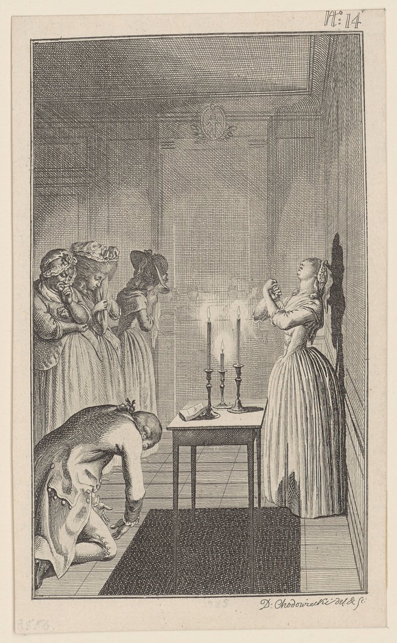 Clarisse minaccia di pugnalarsi con un coltello per proteggersi dal disonore di Lovelace da Daniel Nikolaus Chodowiecki