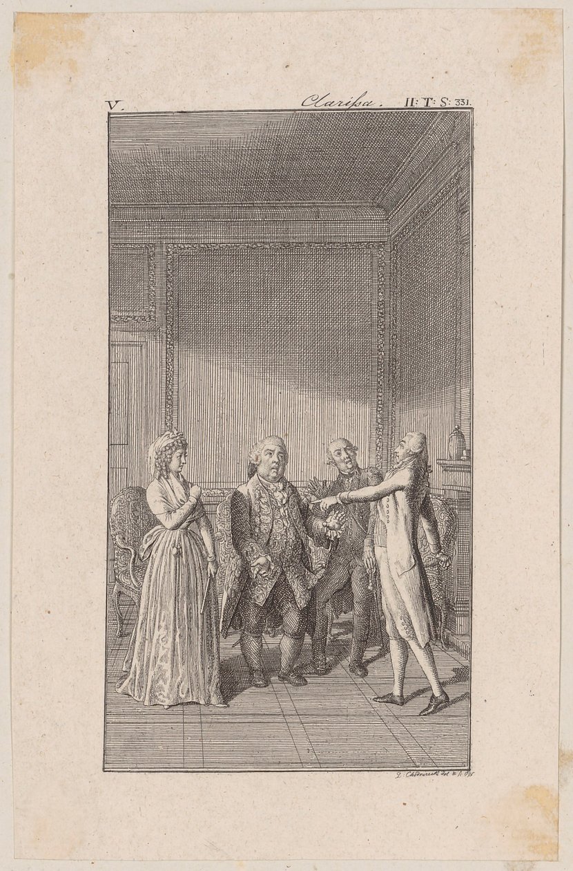 Clarisse, suo zio Anton, suo fratello Jacob e Solmes mentre conversano da Daniel Nikolaus Chodowiecki