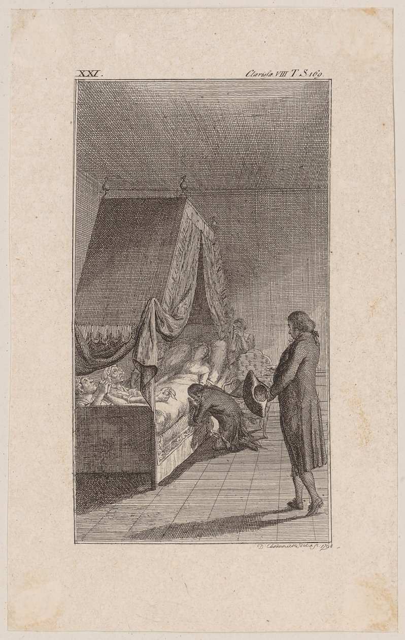 Clarisse morente nel letto a baldacchino da Daniel Nikolaus Chodowiecki