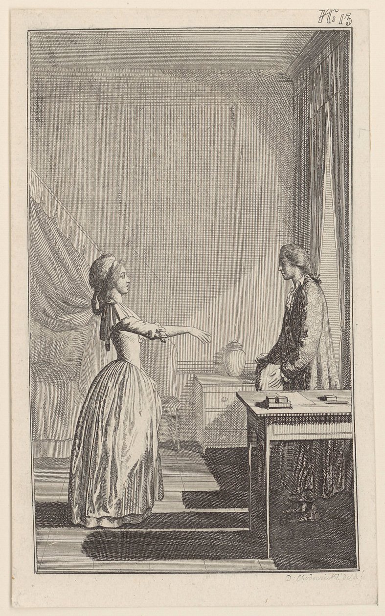 Clarisse accusa Lovelace di averla lasciata indifesa, di averla disonorata e di averle sottratto ogni serenità e virtù da Daniel Nikolaus Chodowiecki