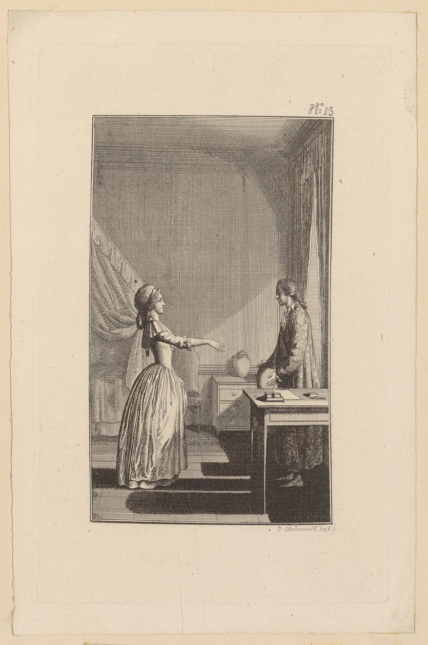 Clarisse accusa Lovelace di averla lasciata indifesa, di averla disonorata e di averle sottratto ogni serenità e virtù da Daniel Nikolaus Chodowiecki
