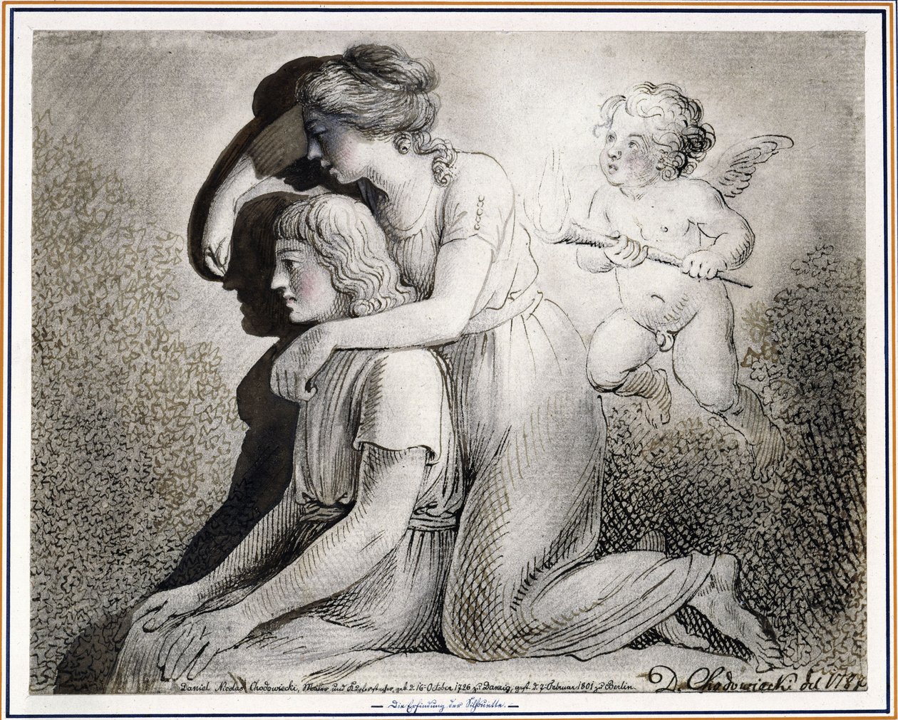 L’invenzione dell’arte del disegno: una ragazza, incoraggiata da Cupido, disegna sulla parete la sagoma di un giovane seduto alla sua sinistra da Daniel Nikolaus Chodowiecki