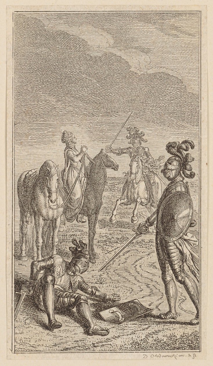 Rapimento, ovvero il cavaliere Karl von Eichenhorst e la signorina Gertrude von Hochburg, foglio dalla prima edizione delle "Poesie di Gottfried August Bürger" da Daniel Nikolaus Chodowiecki