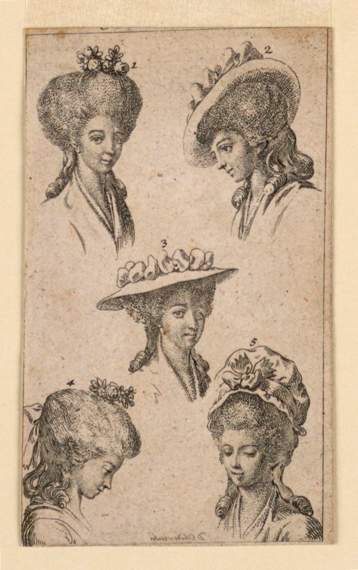 Cinque copricapi, come indossati dalle donne di Berlino, illustrazione per "Königl: Grosbrit [anische] Genealogischer Kalender auf das 1783 Jahr Lauenberg bey J.G. Berenberg" da Daniel Nikolaus Chodowiecki