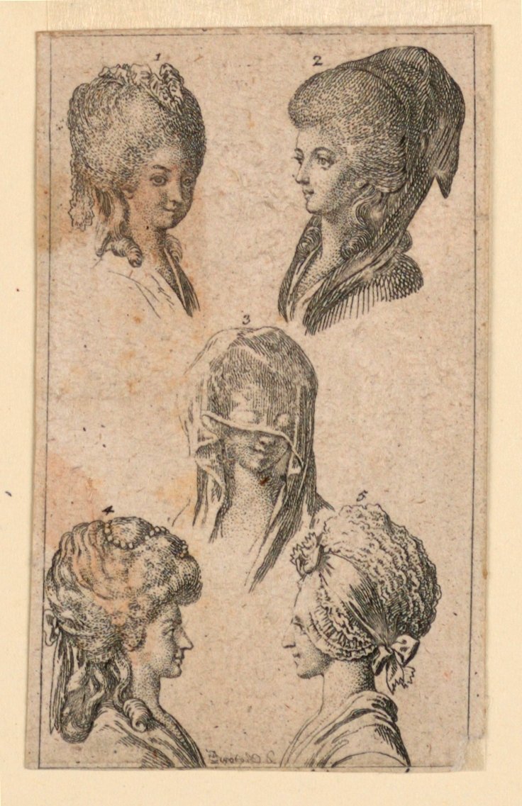 Cinque copricapi, come indossati dalle donne di Berlino, illustrazione per "Königl: Grosbrit [anische] Genealogischer Kalender auf das 1782 Jahr Lauenberg bey J.G. Berenberg" da Daniel Nikolaus Chodowiecki