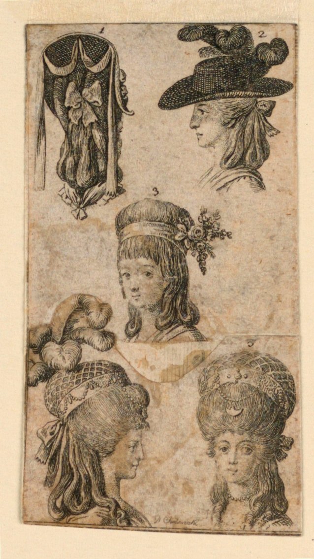 Cinque Copricapi per Donne, Due Frammenti di Illustrazioni per "Königl: Grosbrit [anische] Genealogischer Kalender auf das 1781 Jahr Lauenberg bey J.G. Berenberg" da Daniel Nikolaus Chodowiecki