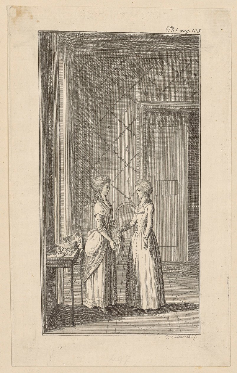 Hanne e Mariane nella commedia di Weisse “L’invidia si priva da sola del proprio pane” da Daniel Nikolaus Chodowiecki