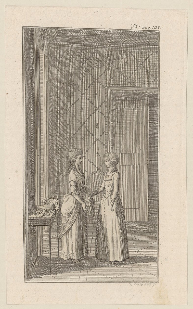 Hanne e Mariane nella commedia di Weisse “L’invidia si priva da sola del proprio pane” da Daniel Nikolaus Chodowiecki