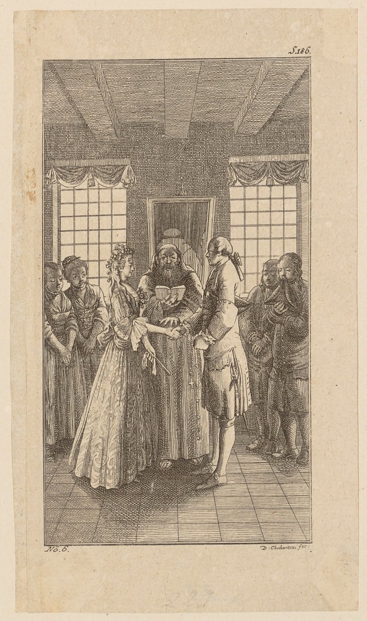 Il matrimonio con la signorina Melmoth, foglio 6 tratto da "Vita, osservazioni e opinioni di Johann Bunkel" da Daniel Nikolaus Chodowiecki