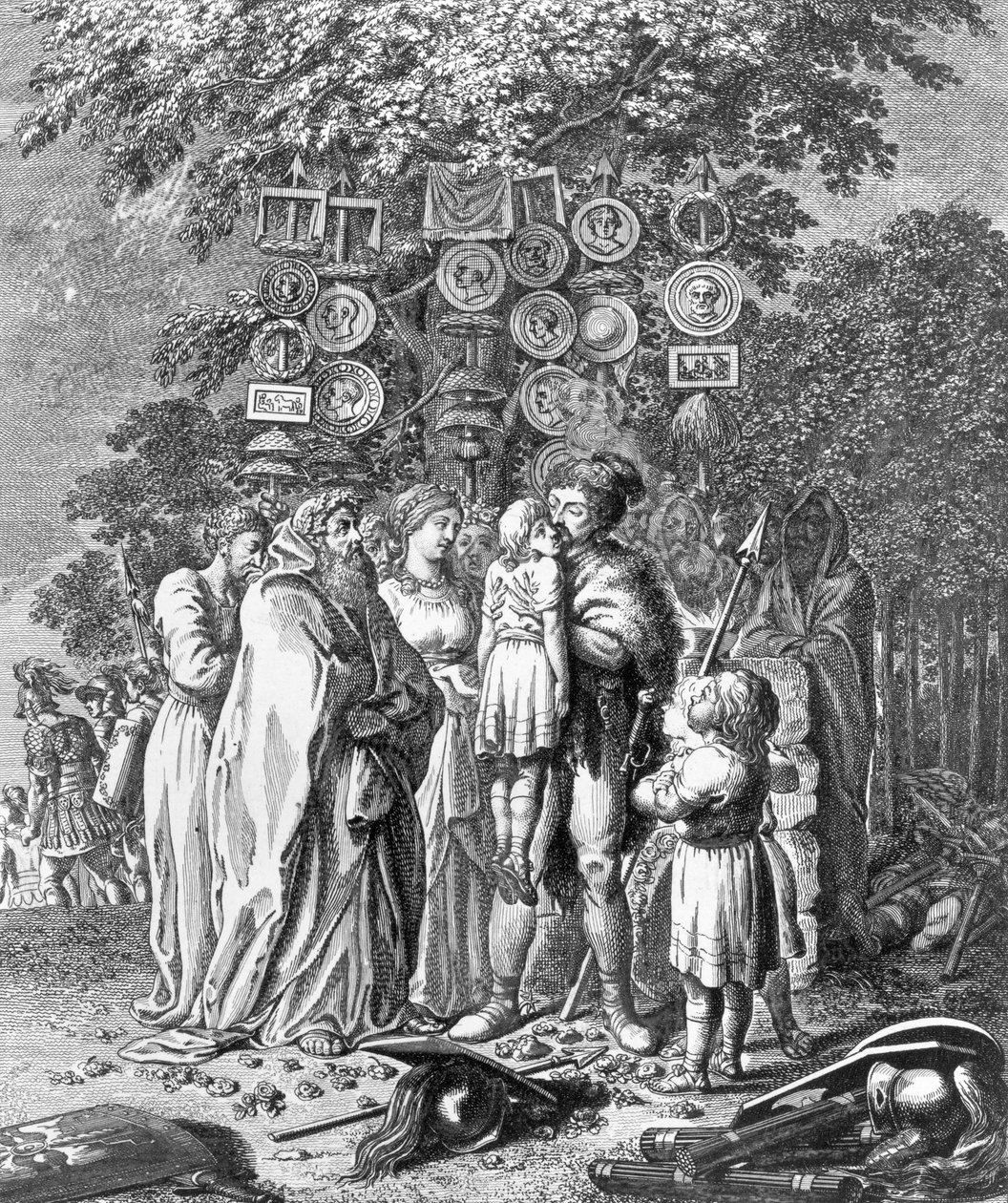 Hermann, davanti a una grande quercia, solleva il ragazzo ferito, destinato al sacrificio, e lo bacia. Foglio 1 di  "La vita dei grandi tedeschi" di Klein, volume 1 da Daniel Nikolaus Chodowiecki