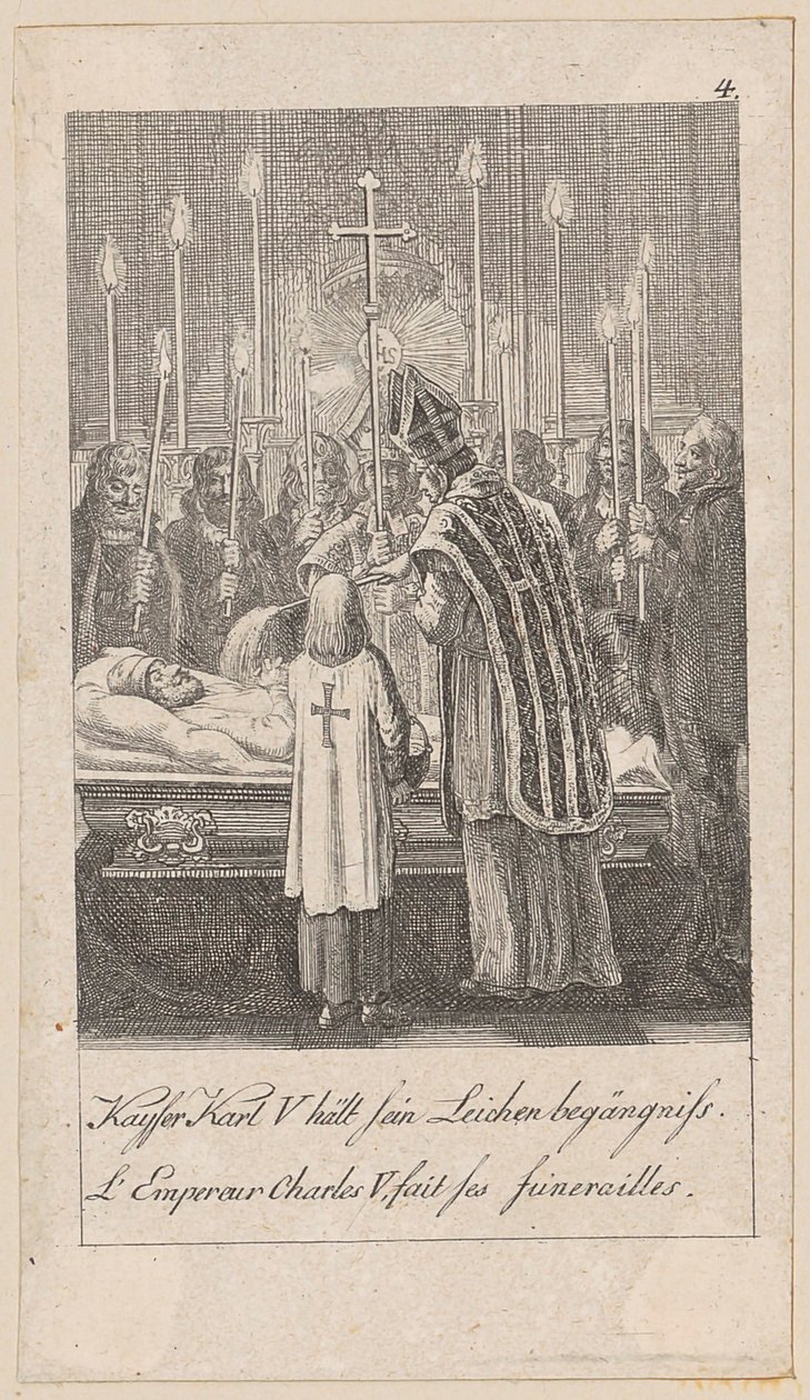 L’imperatore Carlo V celebra il proprio funerale, tavola 4 della serie «Storia antica, medievale e moderna» da Daniel Nikolaus Chodowiecki