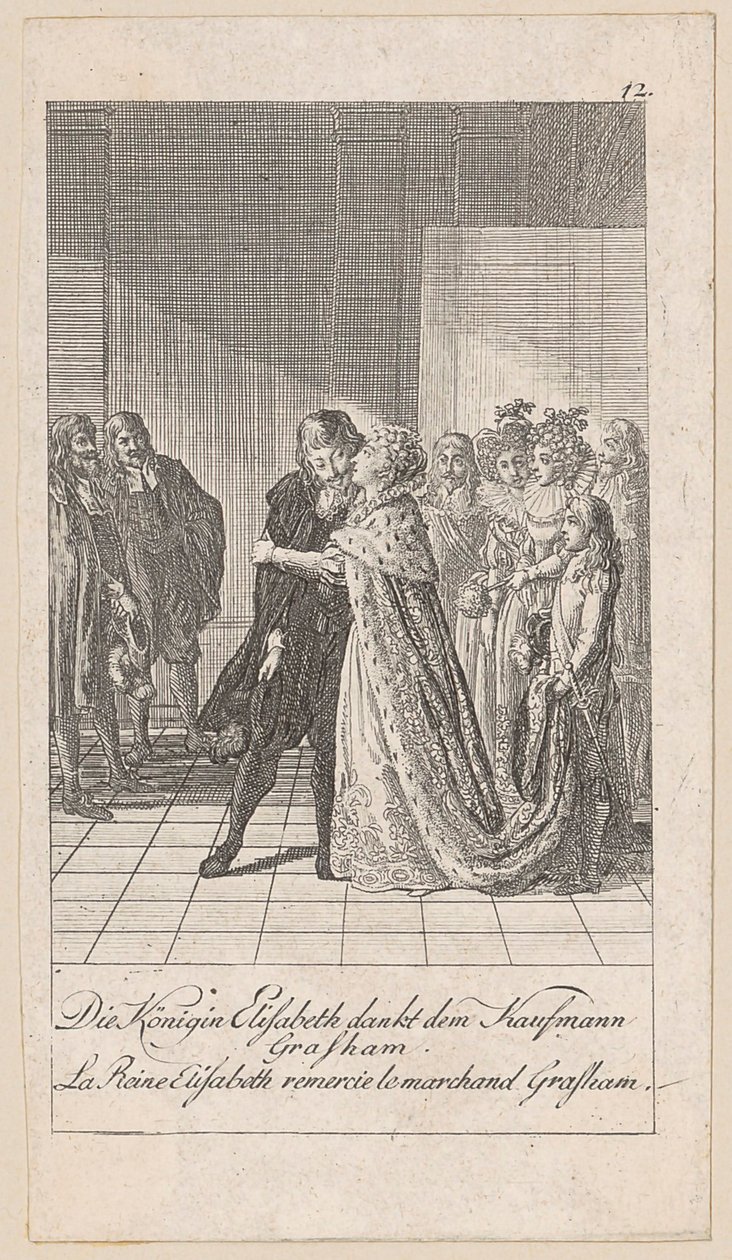 La regina Elisabetta ringrazia il mercante Grasham, tavola 12 della serie "Storia antica, medievale e moderna" da Daniel Nikolaus Chodowiecki