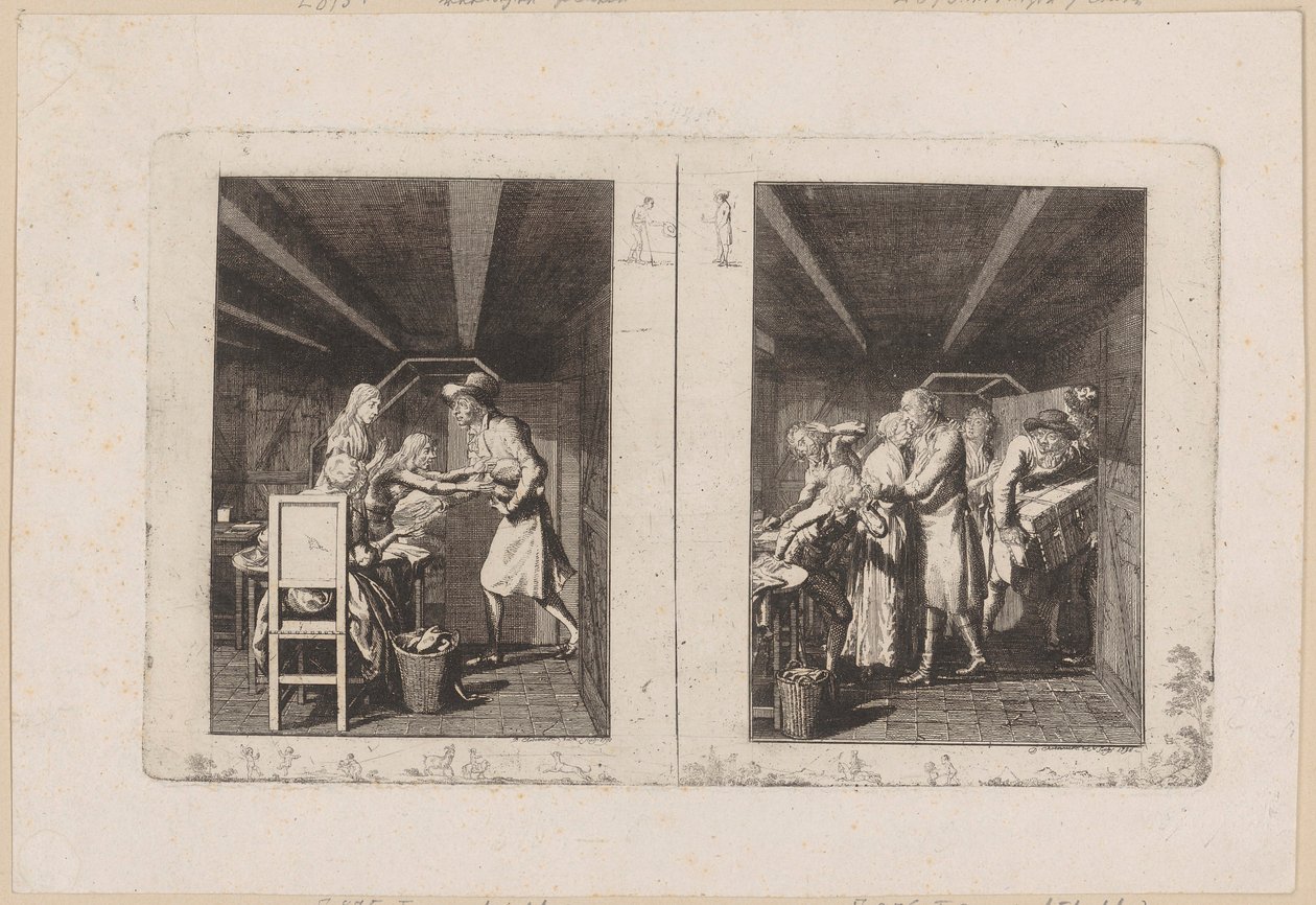Ludwig mantiene a stento la famiglia con il suo lavoro [a sinistra]; Il padre torna dalla sua famiglia arricchito di tesori [a destra] da Daniel Nikolaus Chodowiecki