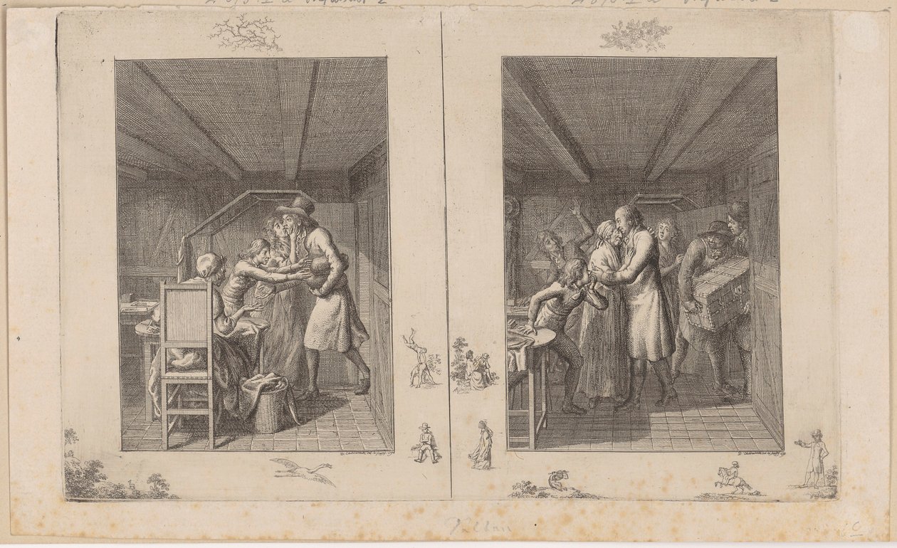 Ludwig mantiene a stento la famiglia con il suo lavoro [a sinistra]; Il padre ritorna dalla sua famiglia arricchito di tesori [a destra] da Daniel Nikolaus Chodowiecki