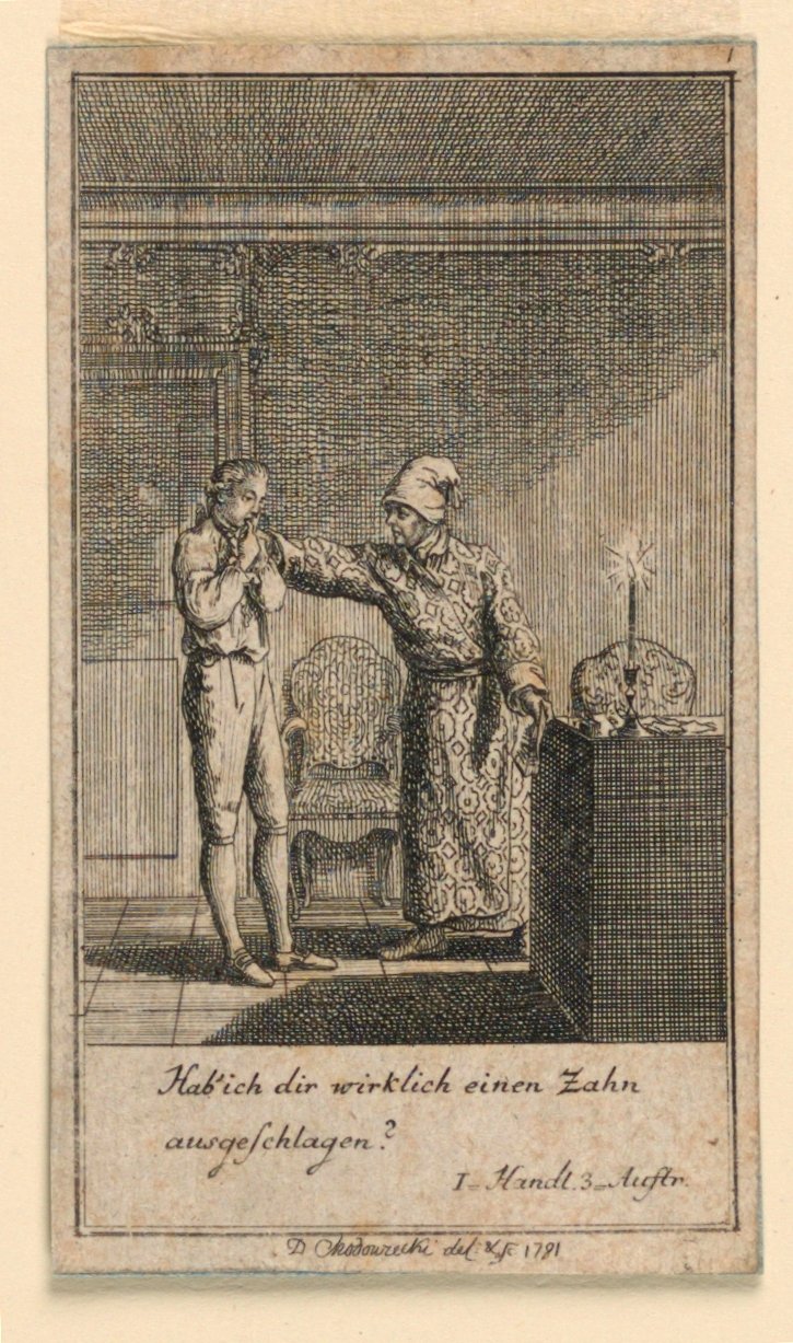 Lo schiaffo in faccia, illustrazione della commedia "Nicht mehr als sachs Schuesseln" di Fredrich Wilhelm Grossman in "Königl: Grosbrit [anische] Genealogischer Kalender auf das 1782 Jahr Lauenberg bey J.G. Berenberg" da Daniel Nikolaus Chodowiecki