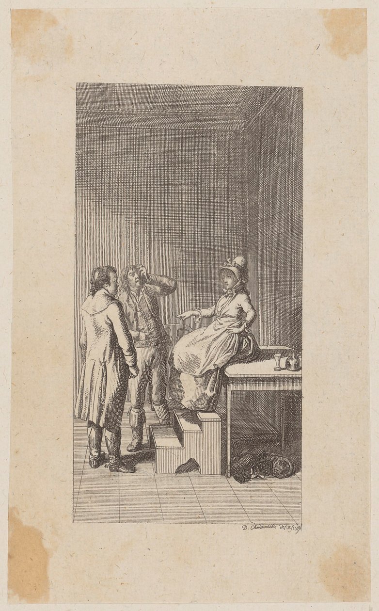 Incisione in rame di copertina per "Giacobbe e il suo padrone" di Diderot, prima parte da Daniel Nikolaus Chodowiecki