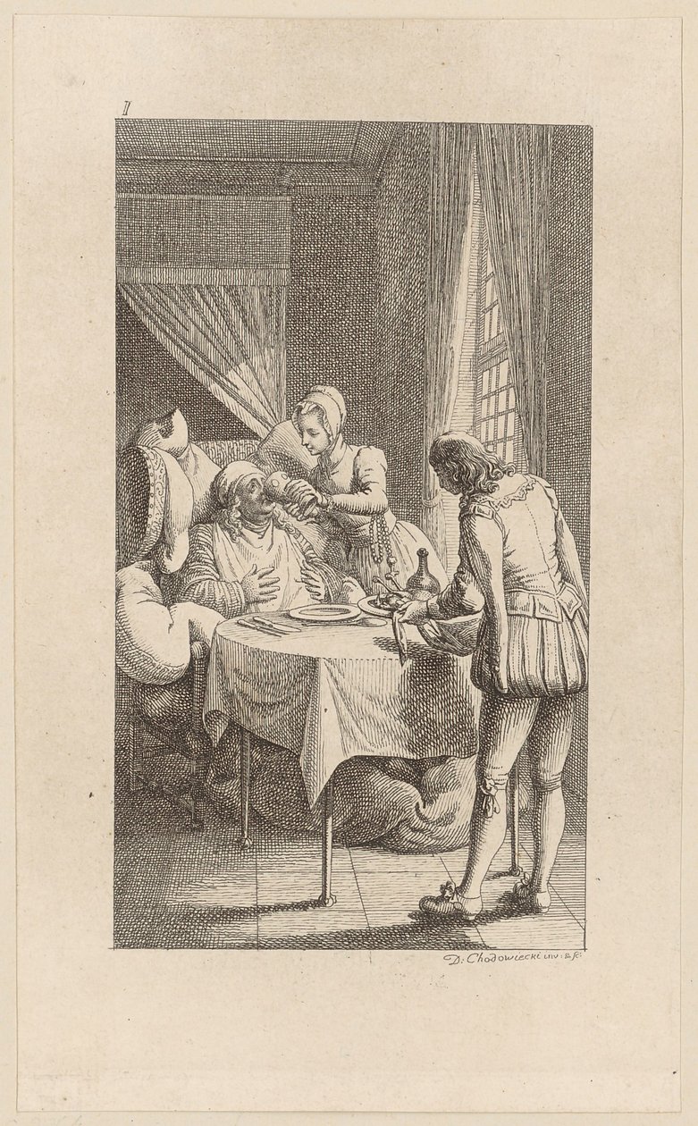 Incisione in rame del frontespizio di “Gil Blas di Santillana”, volume 1 da Daniel Nikolaus Chodowiecki