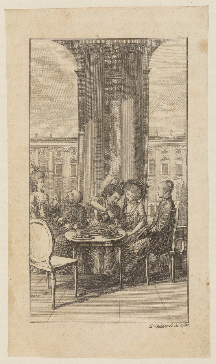 Incisione in rame che illustra la “Vita del priore Hartungus” di Winkopp, prima parte da Daniel Nikolaus Chodowiecki