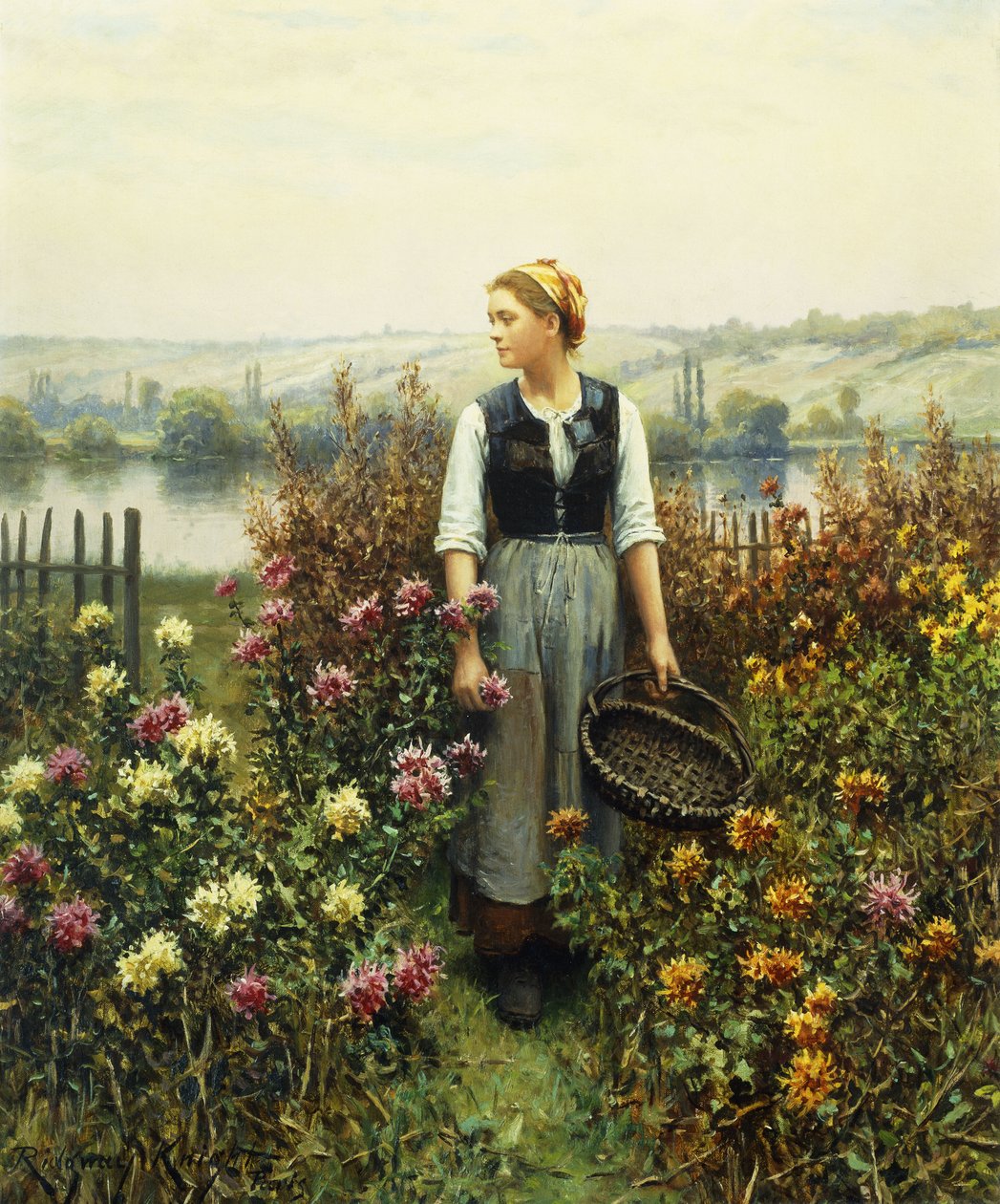 Ragazza con un cesto in un giardino da Daniel Ridgway Knight